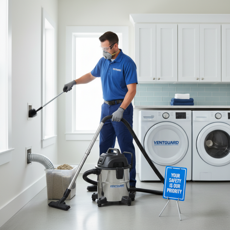 Technician cleaning a dryer vent in a Northern Virginia laundry room