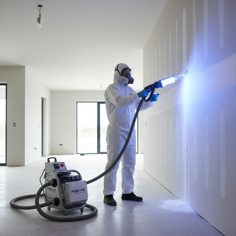 Mold remediation technician treating air ducts with protective equipment
